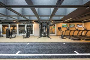 A gym with many machines and a carpet