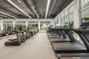 A gym with many treadmills and other machines.