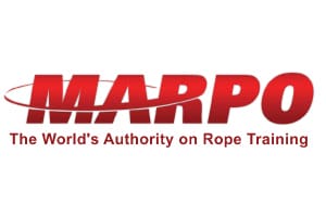 A red and white logo for marpo