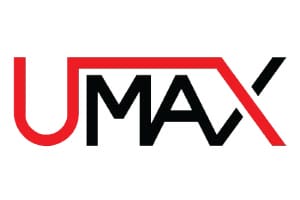 A red and black logo for umax