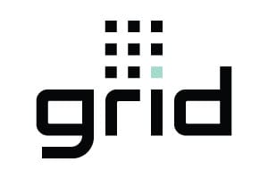 A logo of the word grid with squares and dots.